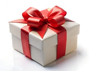 A white gift box with a red ribbon and bow is isolated on white background