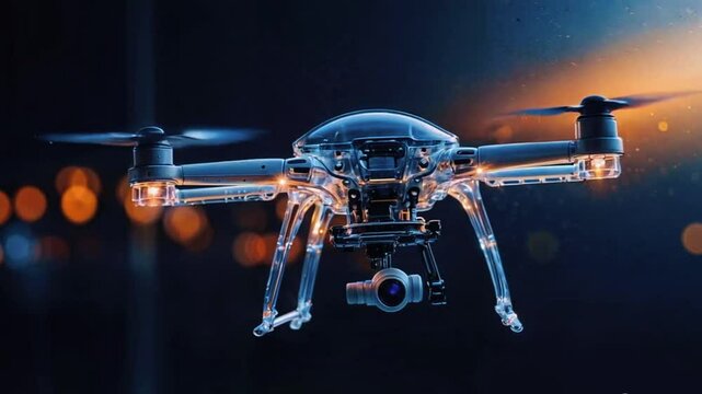 A transparent drone with a camera mounted on its bottom, flying against a blurred background of blue and orange lights.