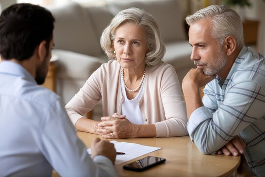 Senior couple discusses financial matters with an advisor