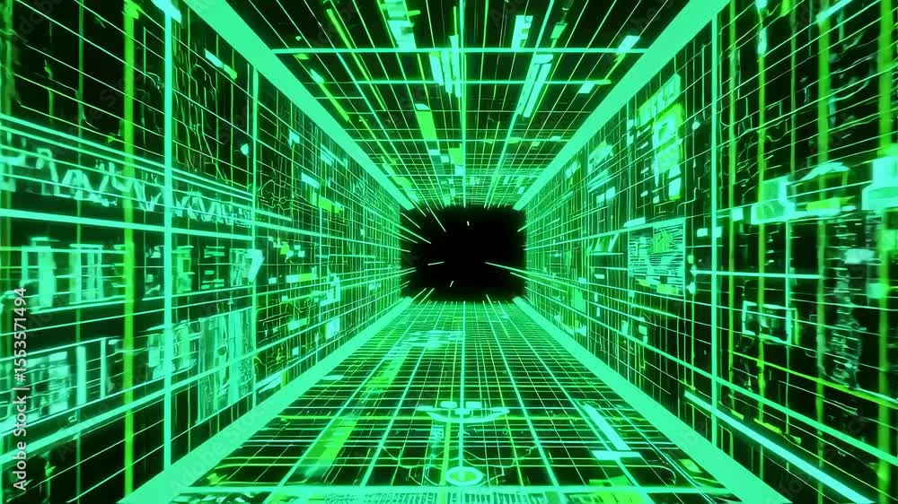 Poster green digital tunnel background with glowing lines and futuristic perspective - high-tech abstract c