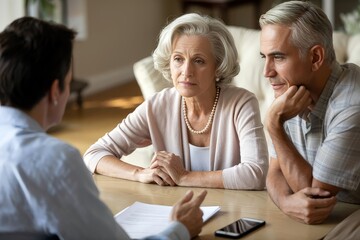 Senior couple attentively listens to their financial advisor during a serious meeting