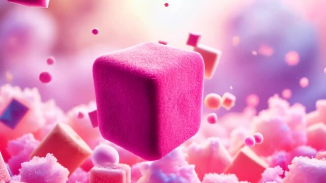 Rock Candy, sweet crystals, candy making. Sugar art. Crystals form from supersaturated solution. Cubes precipitate in saturated environment. Colorful sugar enhances visual pleasure.