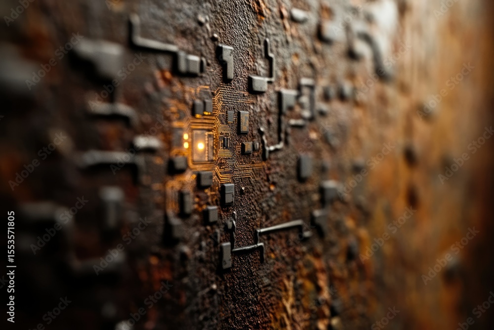 Poster a glowing circuit board embedded in a rusty, textured surface, suggesting technological age and deca