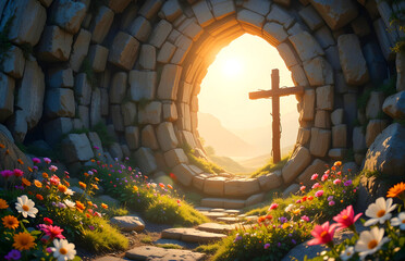 Bright, blooming flowers add to the peacefulness of this Easter scene, which also includes an empty tomb illuminated by warm sunlight and a rustic wooden cross that represents hope and resurrection.