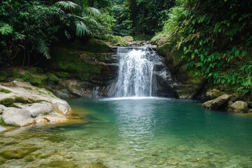 Naklejka premium Waterfall in lush forest with emerald waters
