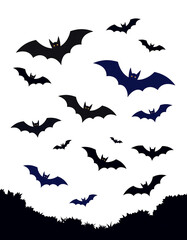 Naklejka premium Bats flying in dark night sky create spooky atmosphere, perfect for Halloween celebrations. Their eerie presence adds to haunting vibe