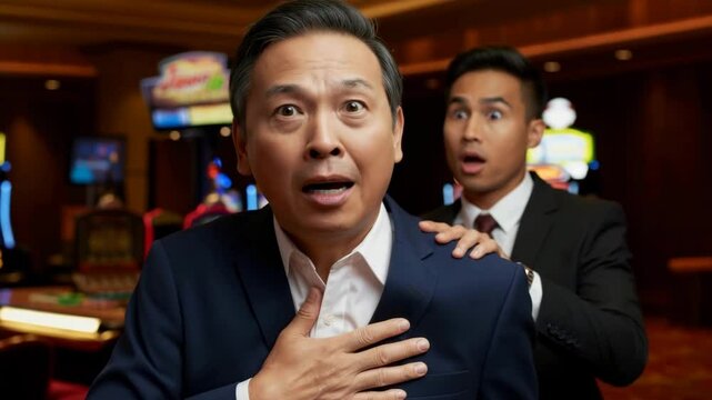 Emotional reactions of casino gamblers highlighted in dramatic moment of surprise and anticipation