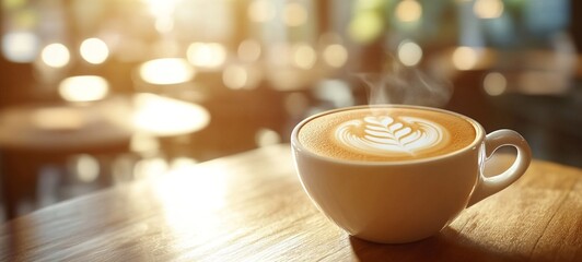 Close up view of a beautifully crafted latte art design in a ceramic coffee cup placed on a wooden table in a cozy and inviting coffee shop setting with a warm