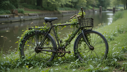 Fototapeta premium Old Bicycle Covered in Grass and Vines Beside Canal – Nature Reclaiming