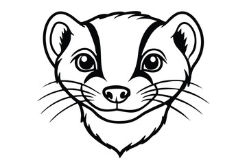 Ferret's monochrome face features whiskers, pointed fur, and inquisitive eyes looking forward inquisitively