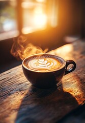Steaming hot cup of freshly brewed cappuccino with creamy foam sitting on a wooden cafe table in a cozy warm ambiance  The image evokes a sense of relaxation