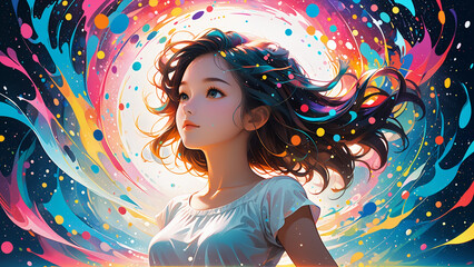 Generated digital art illustration of a girl floating in a surreal dream-like abstract realm of vibrant colors.