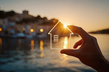 Hand holding a transparent house silhouette against a sunset waterfront