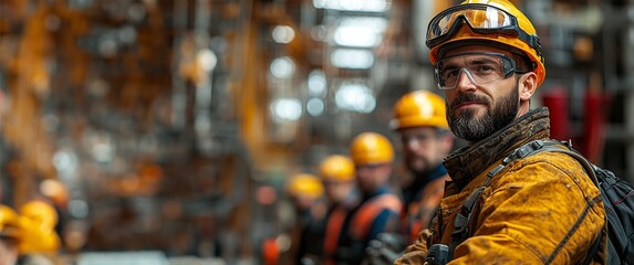 Hardhatted construction worker standing in an industrial factory or warehouse surrounded by machinery and equipment  The man is wearing a yellow safety helmet