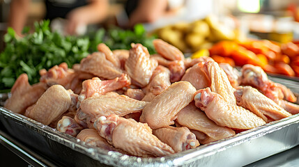 Raw chicken wings in a foil tray, ready for cooking.  Fresh ingredients for a delicious meal.