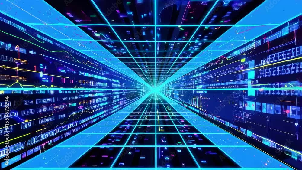 Poster blue digital sci-fi tunnel with data graphics and neon lights - futuristic motion background for tec