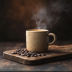 Cozy morning coffee break with freshly roasted coffee beans on a rustic wooden table  Steam rises from the hot beverage creating a warm and inviting atmosphere