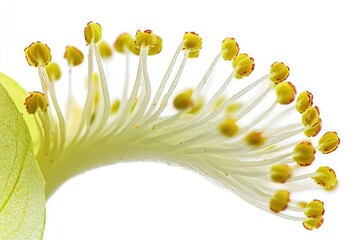 Close-up of delicate flower stamens, showcasing vibrant yellow anthers and slender filaments against a white background.