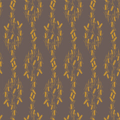 Yellow Ochre Toile Inspired Sheaves of Wheat in Vertical Geometric Stripes on Coffee Brown for a Thanksgiving seamless pattern print