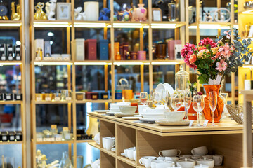 Shelves with porcelain tableware in the gift department of a shopping center