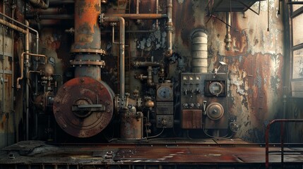 Intricate machinery rusty valves gauges and other vintage industrial equipment in the interior of an abandoned and decaying factory workshop with a grungy dystopian atmosphere