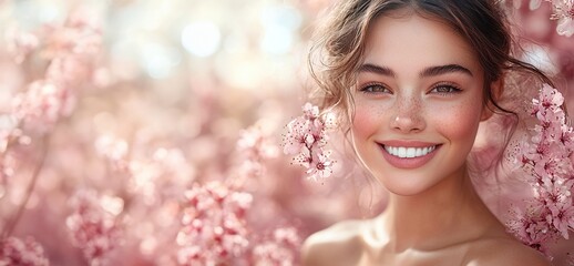Radiant and smiling young woman with glowing skin and beautiful curly hair surrounded by soft pink blossoms in a lush enchanting garden setting  Tranquil and serene outdoor scene with a fresh