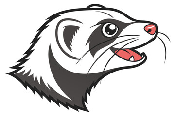 Ferret with white fur and distinctive black markings opens its mouth slightly