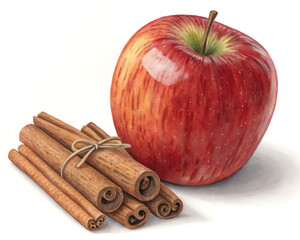A still life featuring a bright red apple next to a bundle of cinnamon sticks tied with twine on white