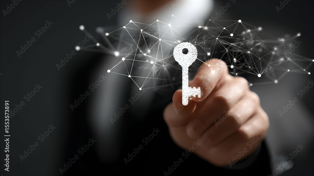 Poster businessman pointing at glowing key symbol representing security and access