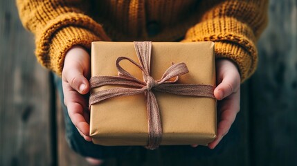 Festively wrapped gift being held in warm cozy hands   A thoughtful gesture of and anticipation for a special occasion such as Christmas birthday or anniversary  The rustic