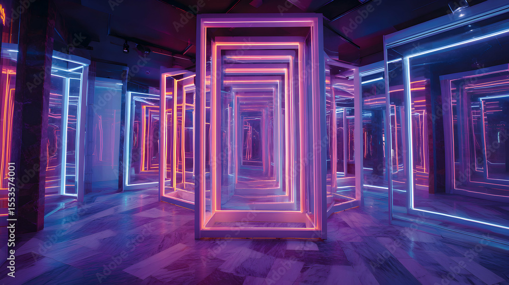 Poster geometric neon light structures in a dark room creating futuristic perspective