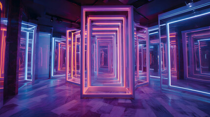 Geometric Neon Light Structures In A Dark Room Creating Futuristic Perspective