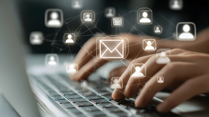 Hands Typing On Laptop Keyboard With Digital Communication Overlay In Dark Background