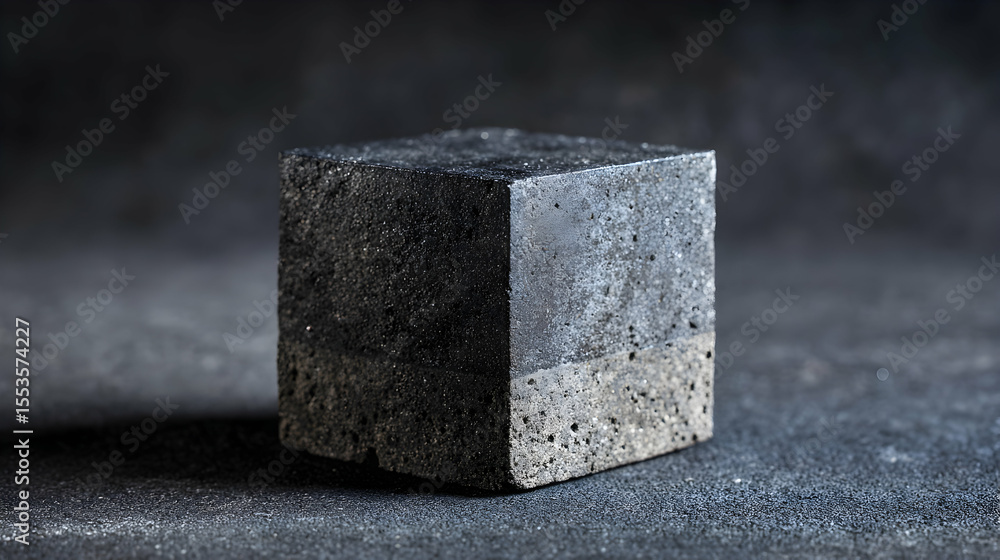 Poster textured dark gray cube resting on matching surface with studio lighting