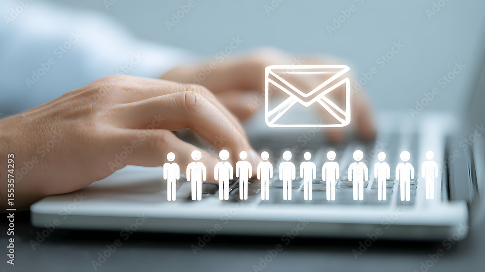 Poster hands typing on laptop keyboard with email and group icon overlay