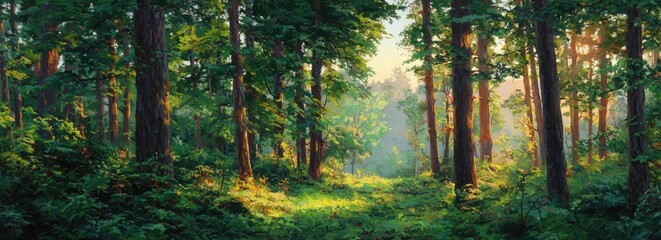Sunlight filters through a dense forest