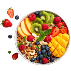 Fresh and Colorful Fruit Bowl with Granola, Almonds, and Mint Leaves Featuring Strawberries, Raspberries, Kiwi, Blueberries, and Mango for a Healthy Delight