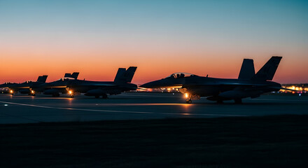 Military jets silhouettes on runway at dawn