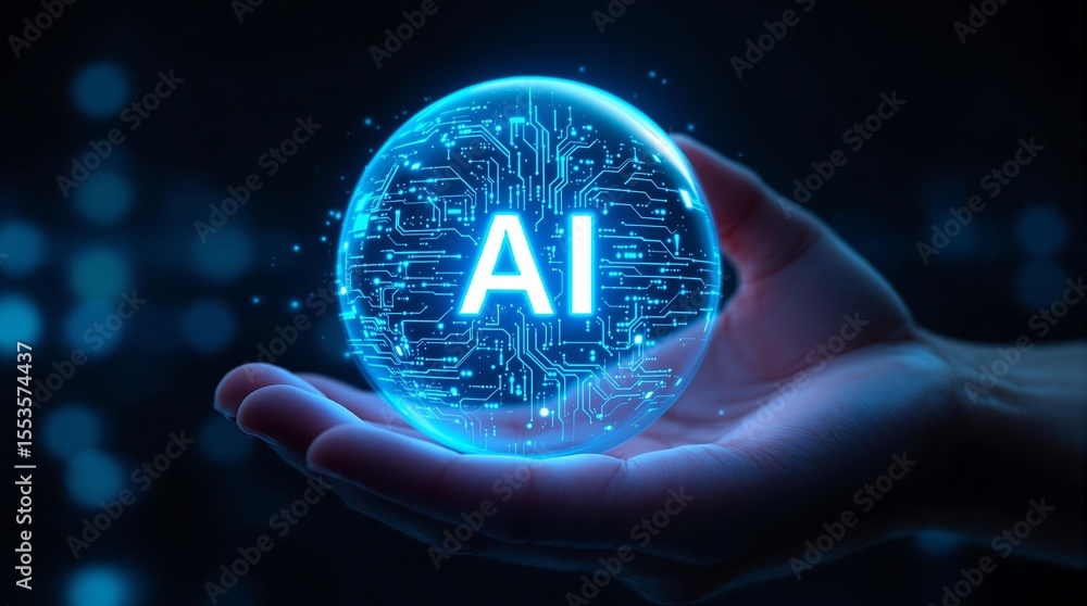 Poster ai technology concept image of hand holding glowing ai brain for machine learning and innovation