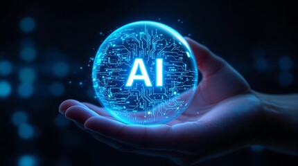 Ai technology concept image of hand holding glowing ai brain for machine learning and innovation
