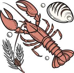 lobster vector illustration, 
Black silhouettes of shrimp and crab