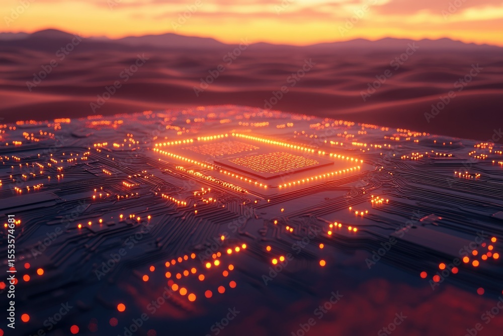 Poster glowing microchip processor on circuit board at sunset, representing technological advancement and i