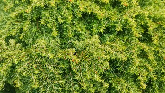 Golden Juniper Bush - Close-Up. The image shows a close-up of a golden juniper bush. The evergreen needles are a mix of bright green and golden yellow, creating a dense and textured appearance.