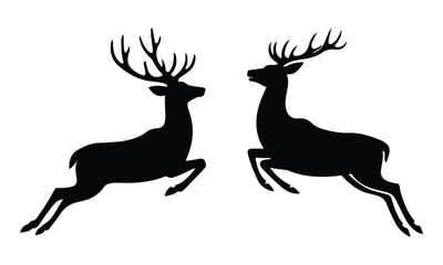 Two jumping deer silhouette isolated on white background, wild animal vector