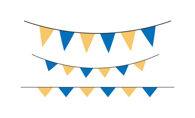  Festive set of blue and yellow triangular pennant banners hanging on string. Perfect for party decorations, event planning, holiday graphics, celebration invites, and festive design elements.