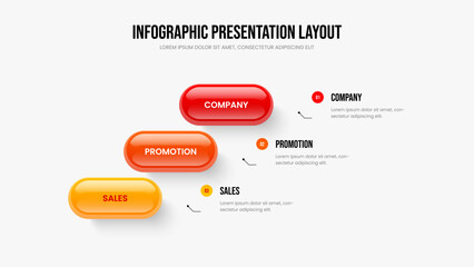 Market Briefing Three Option Diagram Slide Template. Corporate Profile 3 Element Infographic Frame Layout. Business Forecast Slideshow Design Vector Illustration.