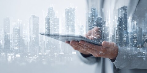 Person holding a tablet with a cityscape overlay
