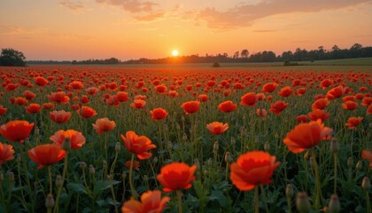 Fototapeta premium Vibrant Orange Poppy Field Blooming Under the Sunset Glow in a Rural Landscape
