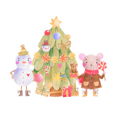 Watercolor Christmas illustration with funny characters near the Christmas tree. Cute snowman and mouse celebrating Christmas. Perfect for greeting cards.