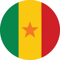 Vector illustration of Senegal national flag in circular format featuring green, yellow, and red vertical stripes with a centered green star symbol